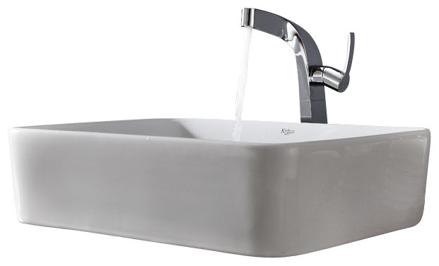 Kraus C-KCV-122-15100CH White Rectangular Ceramic Sink and Typhon Faucet