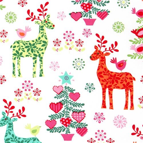 white Christmas fabric reindeer fir tree by Michael Miller