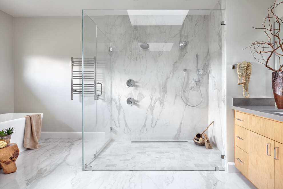 Design ideas for a large contemporary master bathroom in San Francisco with flat-panel cabinets, a curbless shower, white tile, gray tile, grey walls, an undermount sink, grey benchtops, medium wood cabinets, marble, marble floors, engineered quartz benchtops, grey floor, an open shower, a double vanity and a built-in vanity.
