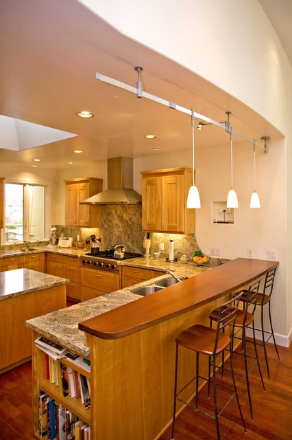 Kitchen With Solid Wood Bar Curved Wall Matches Curved Bar