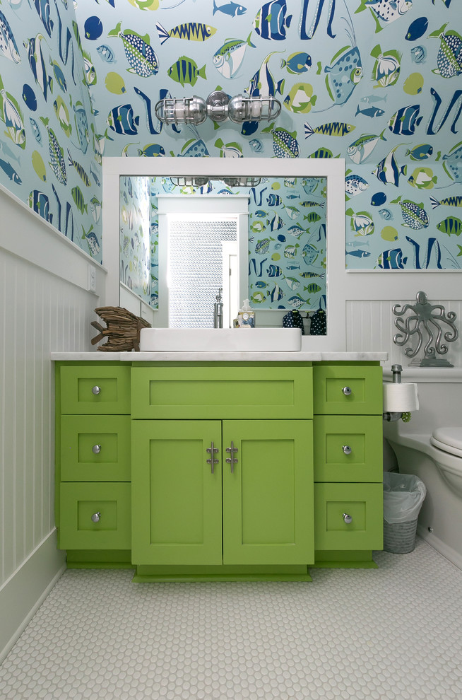 Design ideas for a beach style bathroom in Charleston with shaker cabinets, green cabinets, multi-coloured walls, mosaic tile floors, a vessel sink, white floor and white benchtops.
