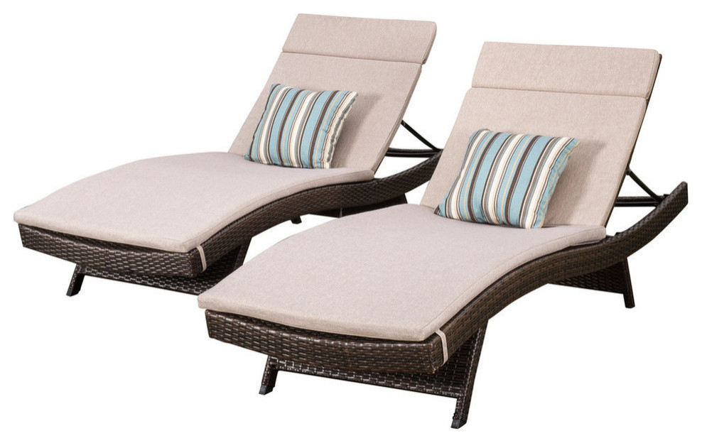 GDF Studio Aloha Outdoor Wicker Adjustable Chaise Lounge With Cushions, Set of 2