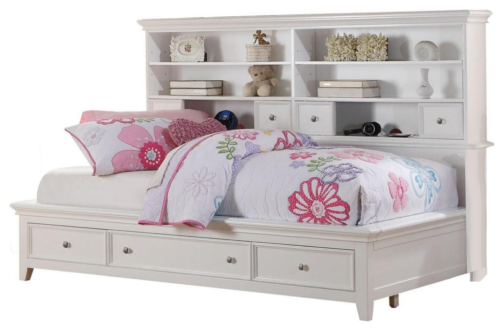 Style Full Size Bed With Bookcase Headboard And Multiple Storage, White Transitional Kids
