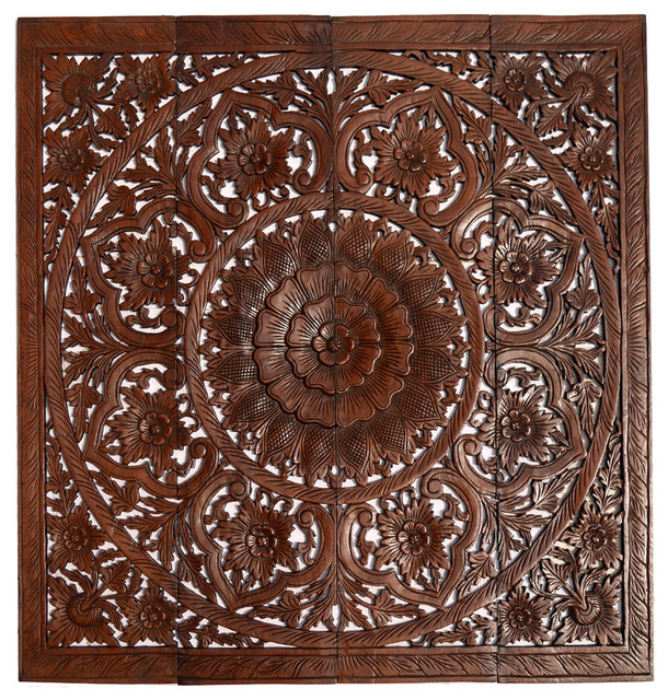 Espresso 24" Floral Wood Wall Art Panel Asian Carved Wood Wall Decor Plaque 