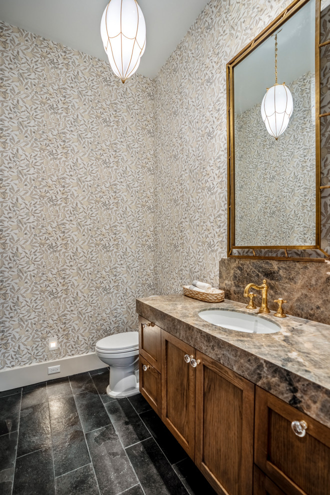 Transitional powder room photo in Houston