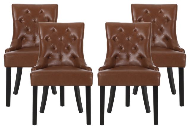 Maggie Contemporary Tufted Dining Chairs (Set of 4), Cognac + Dark Brown, Pu + Birch