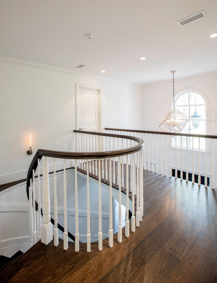 Design ideas for a large transitional wood spiral staircase in Vancouver with painted wood risers and wood railing.