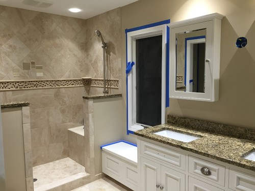 Design disaster! granite and tile dont match! Granite colors for bathrooms