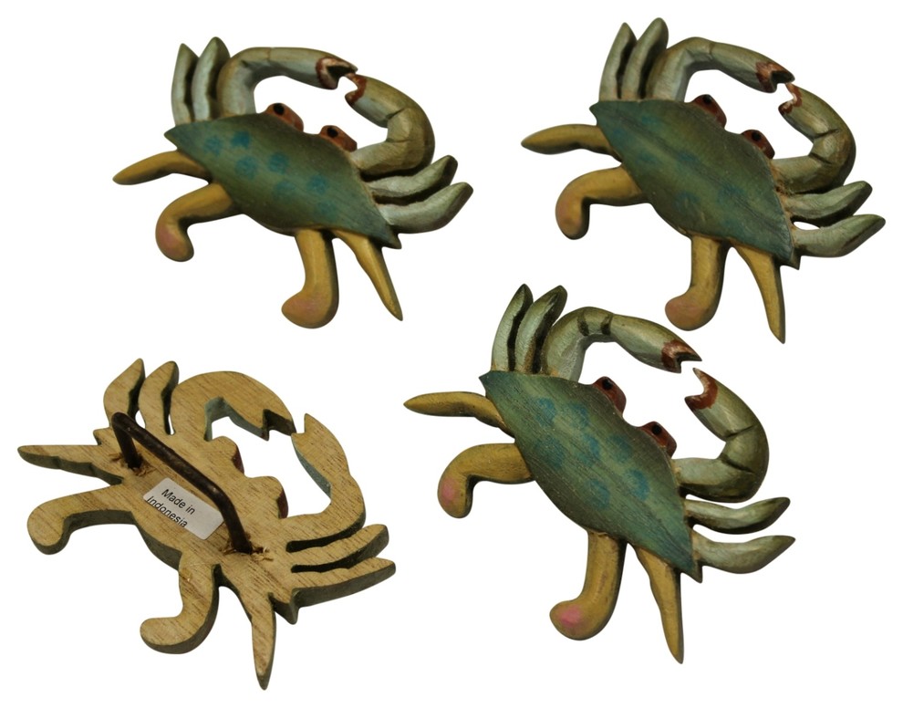 Blue Crab Carved Wood Napkin Rings Set of 4 Kitchen Dining Room Table Setting