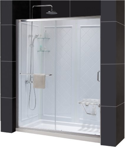 Infinity-Z Frameless Sliding Shower Door, 34" by 60" Shower Base & QWALL-5 Showe