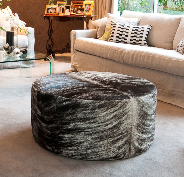 Round Taupe Brindle Cowhide Ottoman Traditional Family Room