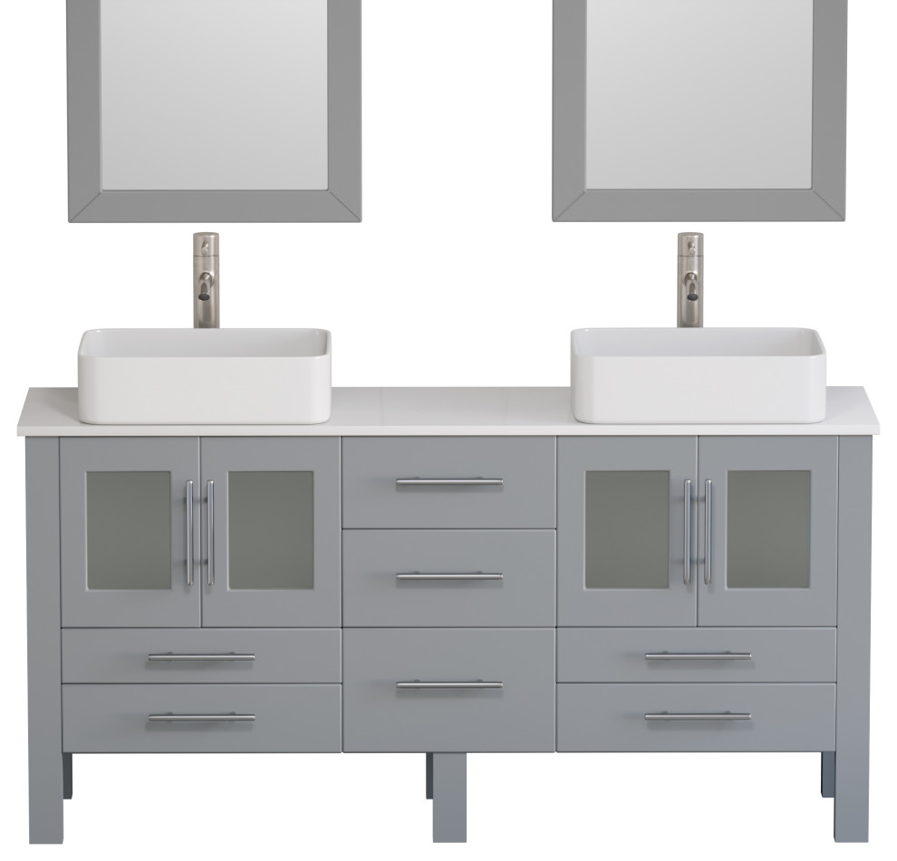 63" Gray Double Vessel Sink Bathroom Vanity With Tempered Glass Top and Sinks, F