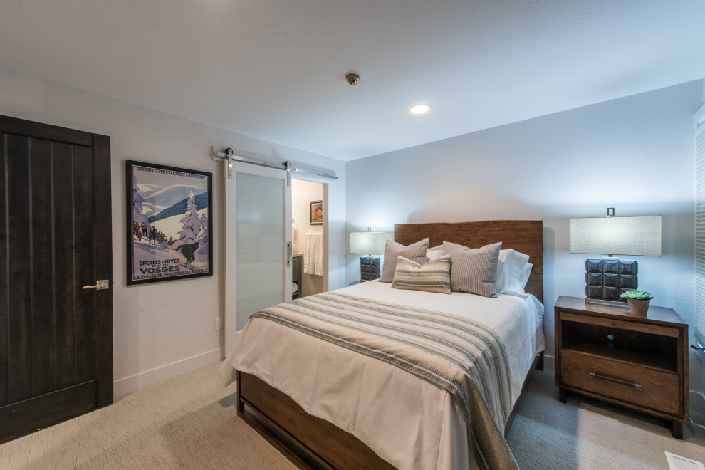 This is an example of a small modern master bedroom in Salt Lake City with white walls, carpet and beige floor.