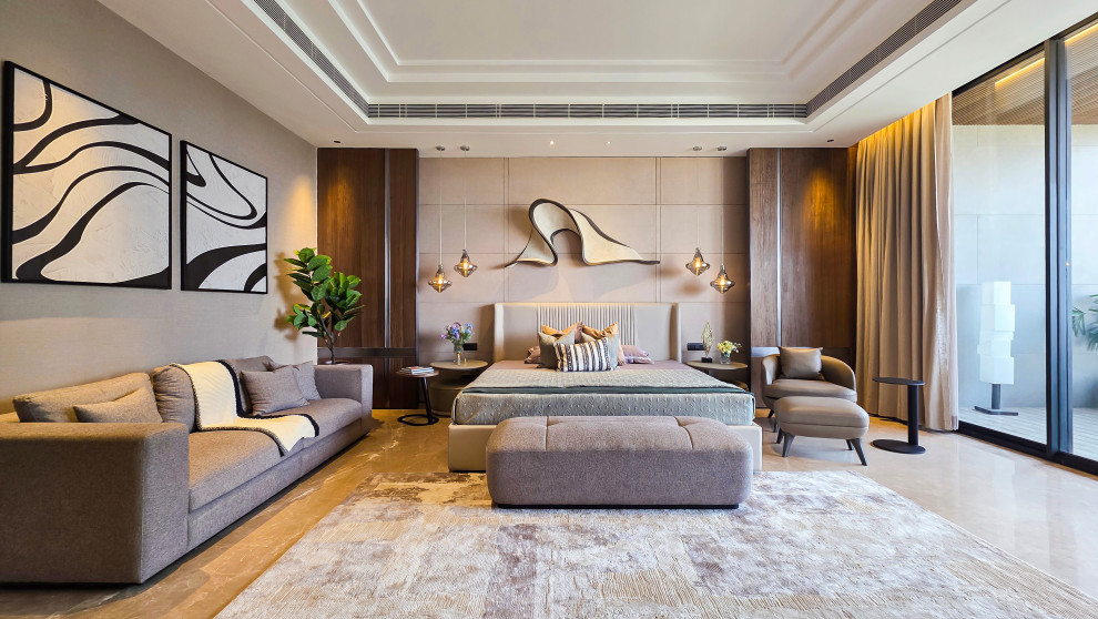 Contemporary Master bedroom in Delhi With Beige Walls and Marble Floors.