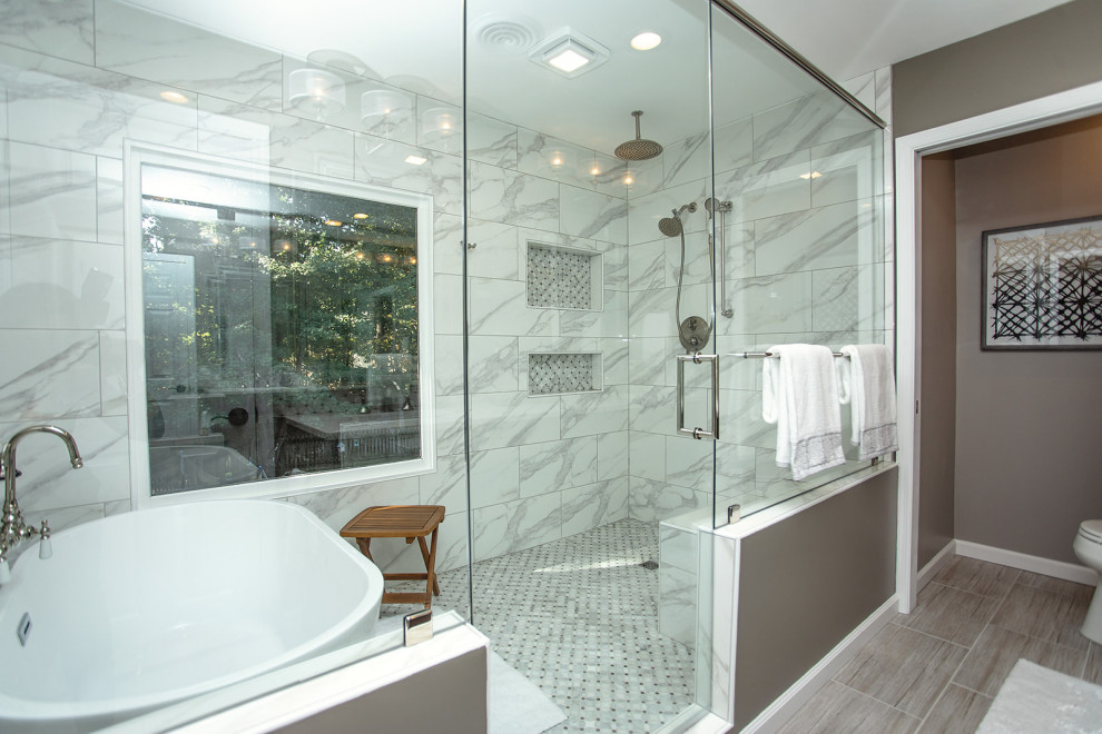 Photo of a traditional wet room bathroom in Other with flat-panel cabinets, dark wood cabinets, a freestanding tub, solid surface benchtops, brown floor and white benchtops.