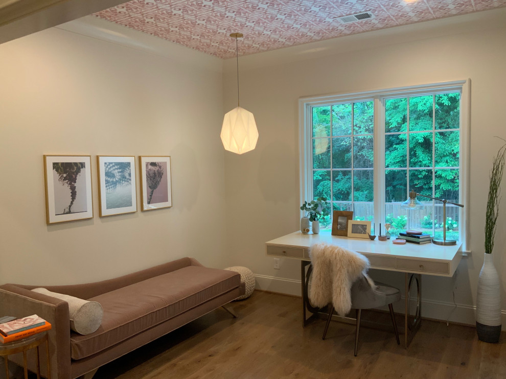 Medium sized classic study in Birmingham with white walls, medium hardwood flooring, a freestanding desk and a wallpapered ceiling.