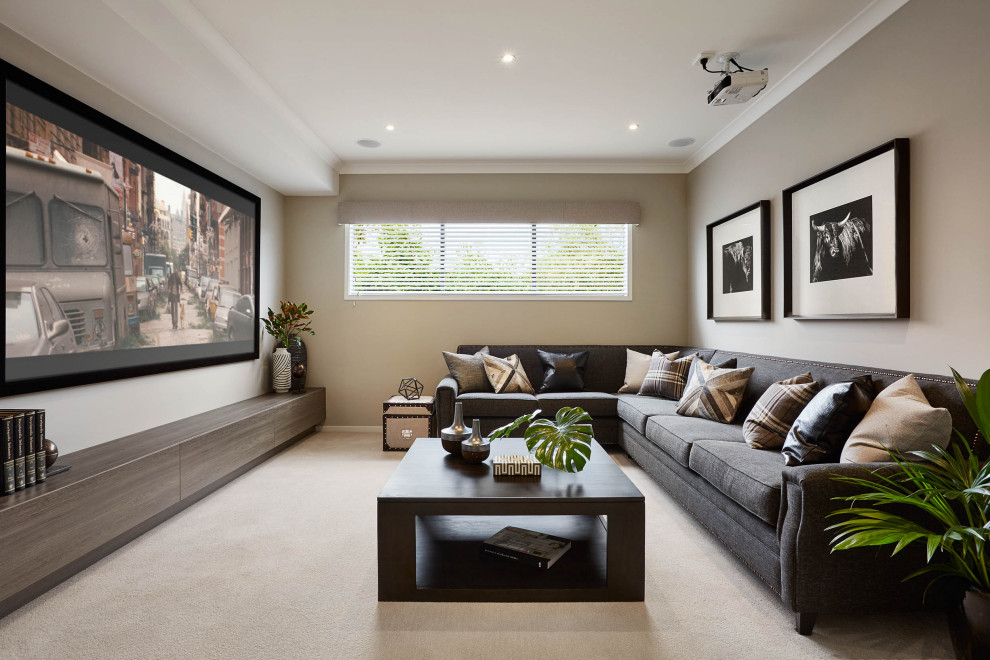 This is an example of a large contemporary home theatre in Melbourne.
