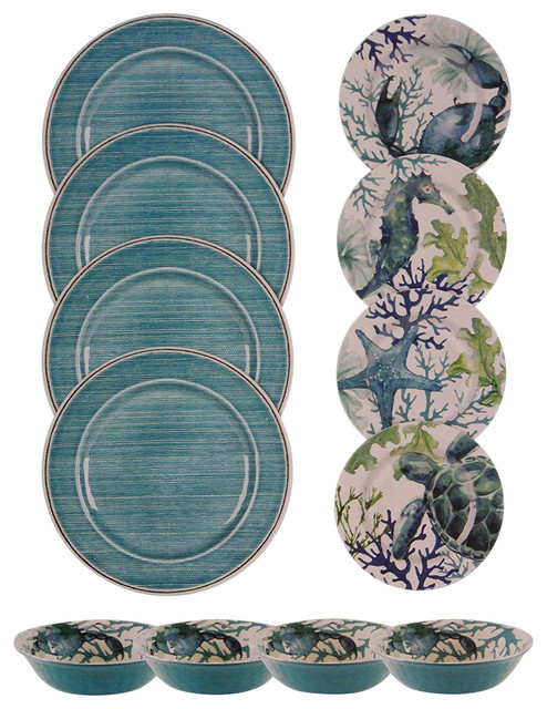 Sea Life Melamine Dinnerware 12 Piece Set Beach Style Sea Life Melamine Dinnerware 12 Piece Set Beach Style Sets By American Glware