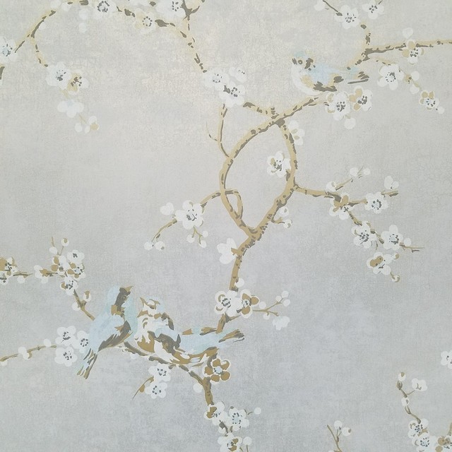 Birds And Blossoms On Silvery Gray Wallpaper Asian Wallpaper By D Marie Interiors Houzz