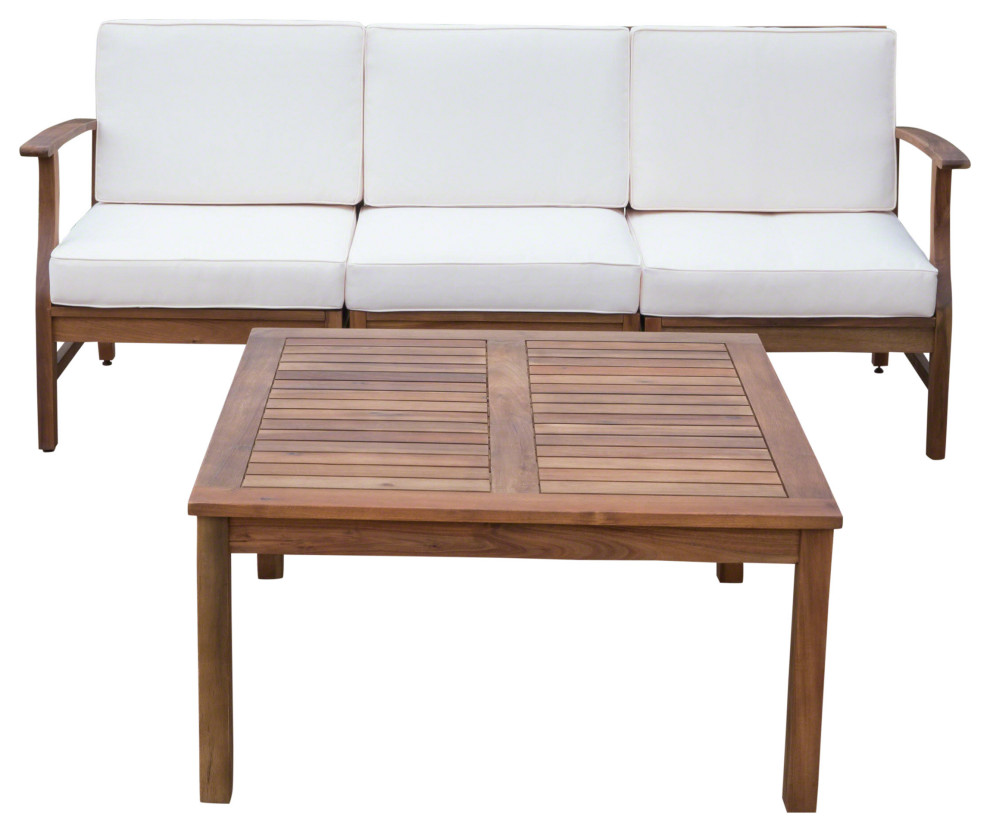 GDF Studio Scarlett Outdoor 3-Seat Teak Finished Acacia Wood Sofa and Table Set, Cream