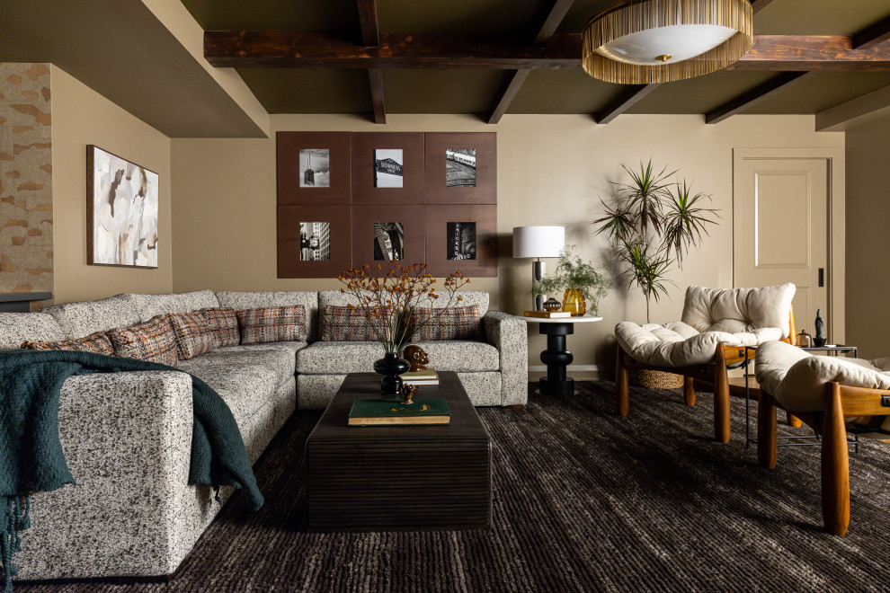 Transitional medium tone wood floor, wood ceiling and wallpaper basement photo in Chicago with green walls