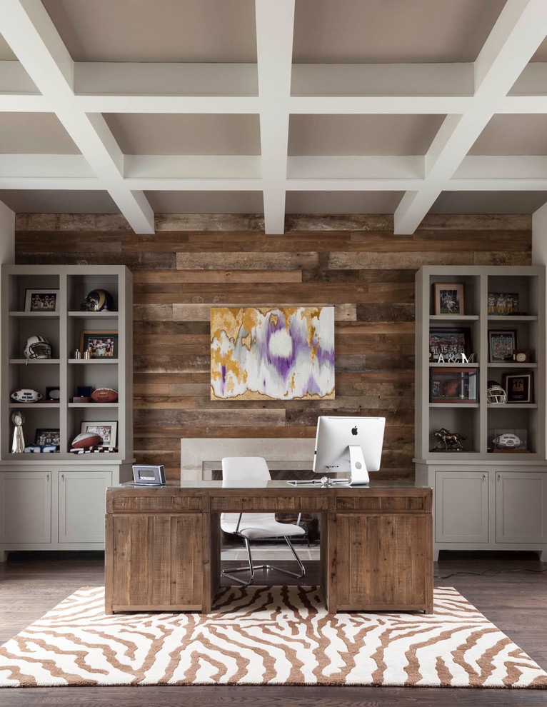 Design ideas for a mid-sized transitional study room in Dallas with dark hardwood floors and a freestanding desk.