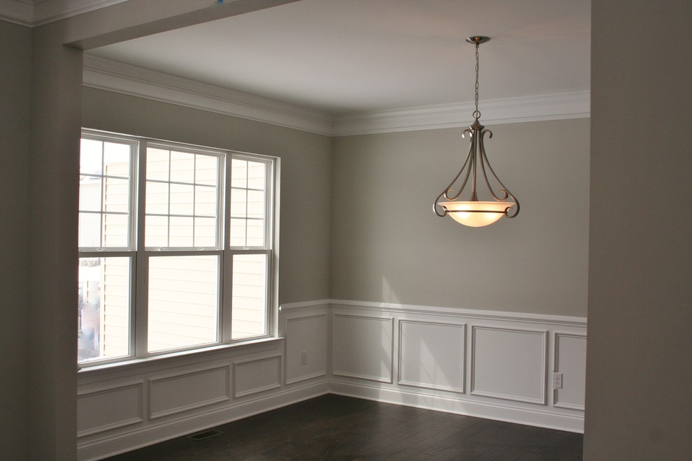 Design ideas for a transitional dining room in Philadelphia with dark hardwood floors and no fireplace.