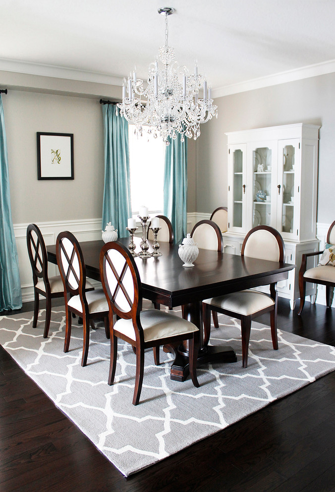 Inspiration for a traditional dining room in Toronto with grey walls, dark hardwood floors and brown floor.