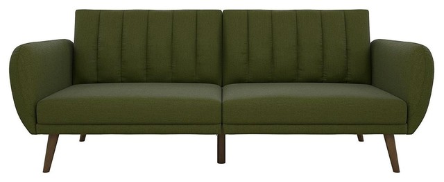 Green Linen Upholstered Futon Sofa Bed With Mid Century Style Wooden Legs
