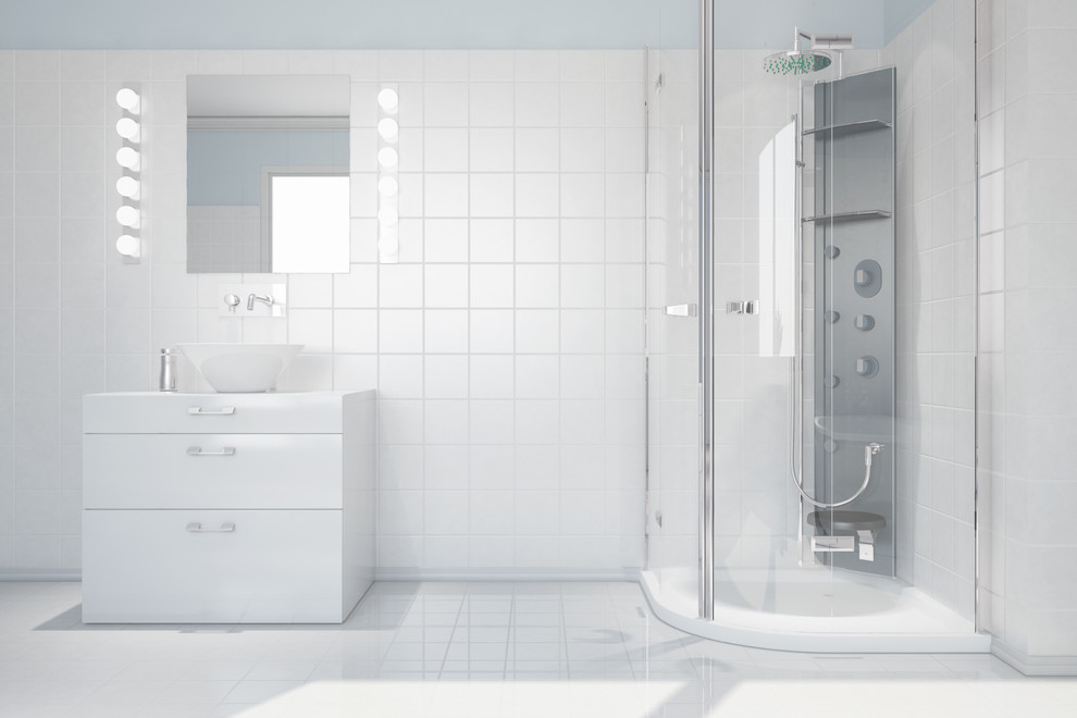 Inspiration for a mid-sized modern white tile and glass sheet vinyl floor corner shower remodel in Toronto with flat-panel cabinets, white cabinets, blue walls and a vessel sink