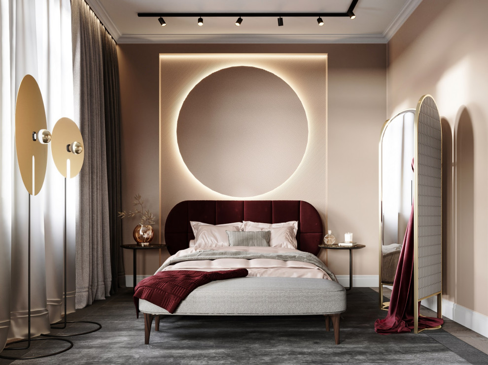 Diseño de dormitorio principal minimalista con paredes beige, moqueta y suelo gris
