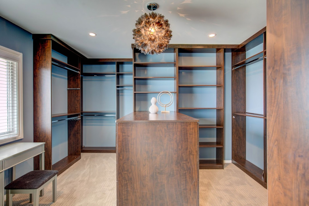 Photo of a large modern gender-neutral walk-in wardrobe with open cabinets, dark wood cabinets and carpet.
