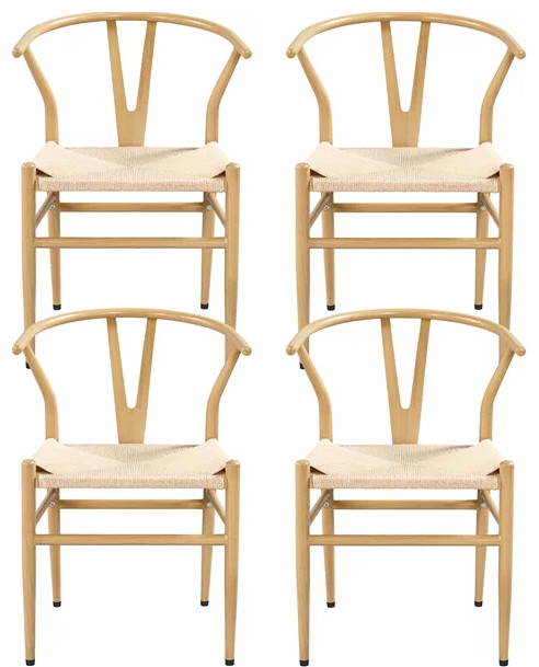 Set of 4 Dining Chair, Knitted Seat & Unique Curved Open Back, Wood