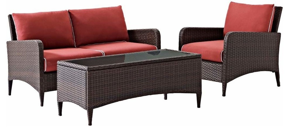 Kiawah 3-Piece Outdoor Wicker Seating Set With Sangria Cushions