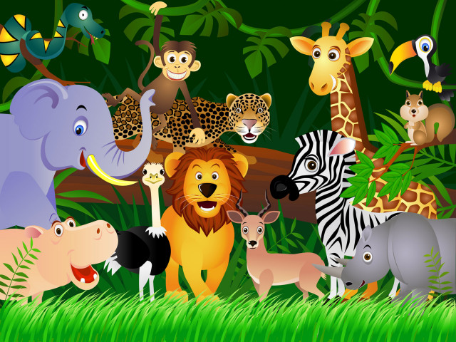 Cartoon Jungle Animals Multicolor Wall Mural 142"x106"