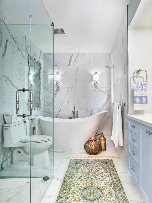 Bathing in Luxury: Elegant French Bathroom Ideas featuring Sconces and Marble Wall Tiles for the Bathtub
