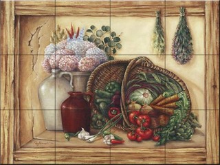 17 x 12.75 Basket Fruit Flowers Mural Ceramic Backsplash Tile #89