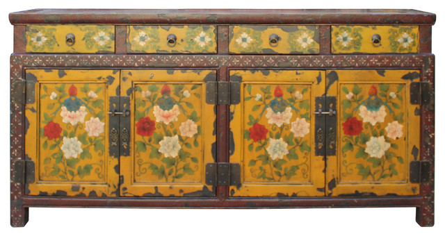 Chinese Distressed Yellow Red Floral Graphic Low Console Table