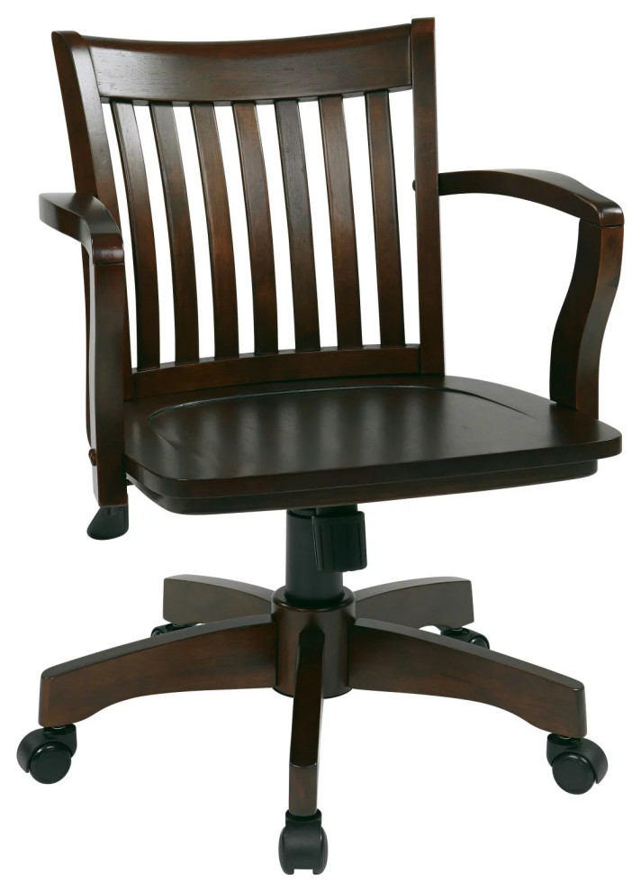 Traditional Office Chair, Hardwood Frame With Slatted Back & Open Arms, Espresso Traditional