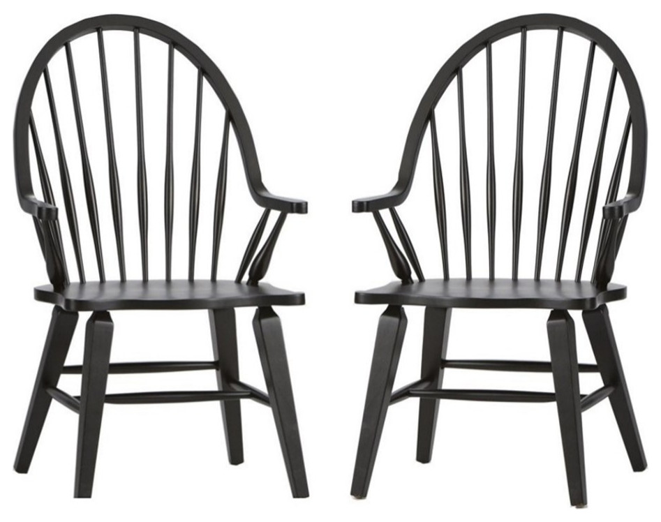 Home Square 2 Piece Windsor Back Wood Dining Arm Chair Set in Black ...