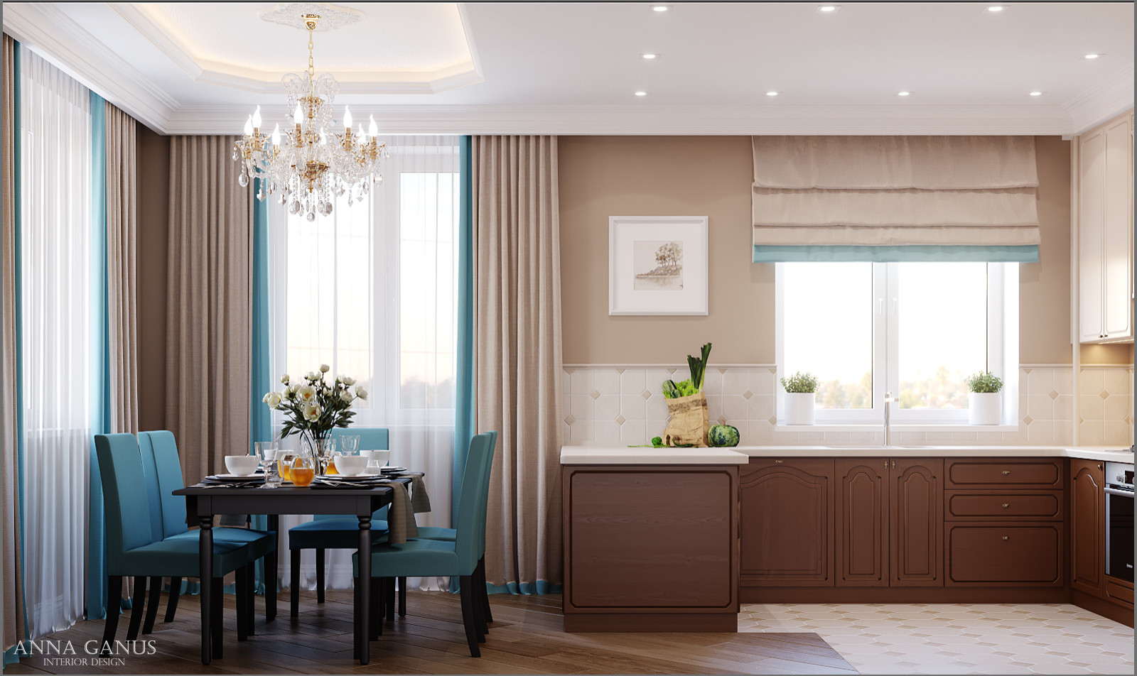 Кухня и гостиная в коттедже