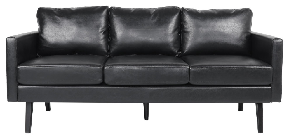 Dowd Mid Century Modern Faux Leather 3 Seater Sofa, Midnight Black/Dark Brown