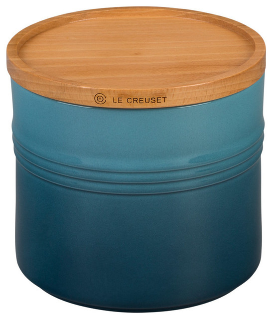 Le Creuset Marine Stoneware 1 5 Quart Canister With Wood Lid Le Creuset Stoneware 1 5 Quart Canister With Wood Lid Marine