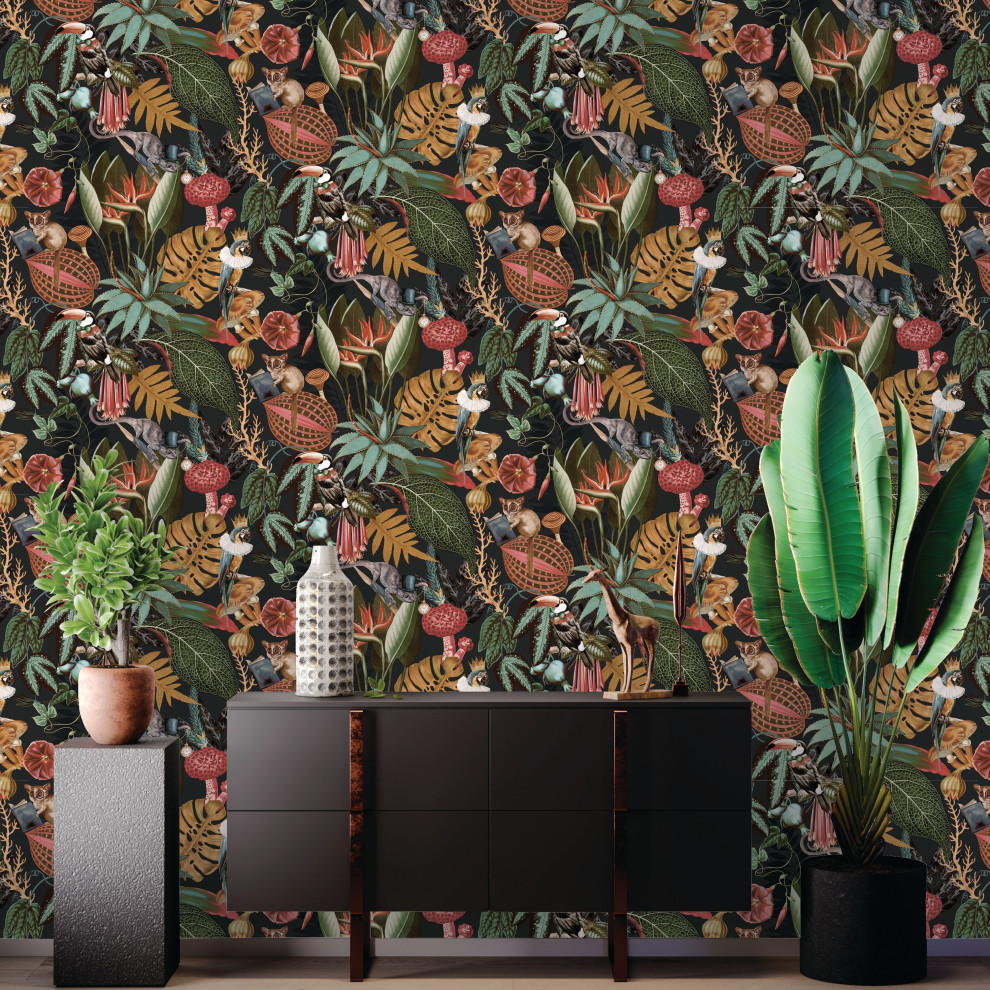 Bold Tropical Floral Wallpaper, Charcoal, Sample