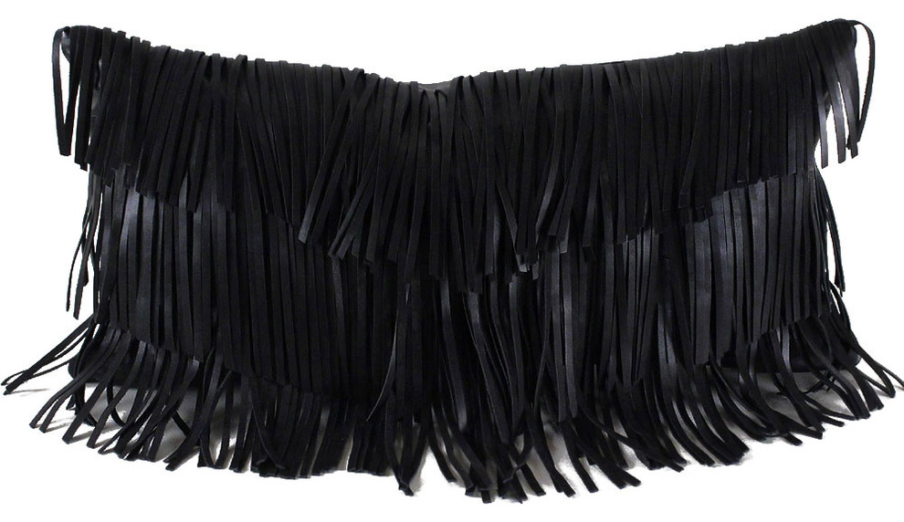 Leather Fringe Pillow, Black, 9 x 18, Black, 9 x 18