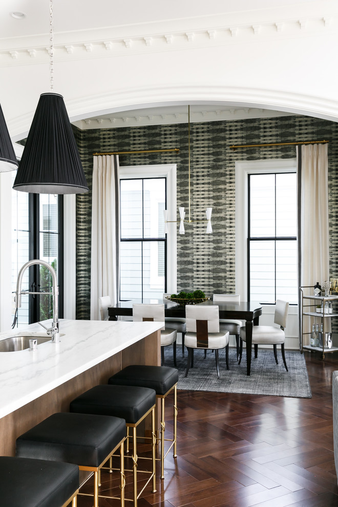 Mistflower - Example of a large transitional l-shaped medium tone wood floor and brown floor eat-in kitchen design in Louisville with an undermount sink, beaded inset cabinets, white cabinets, marble countertops, white backsplash, subway tile backsplash, stainless steel appliances and an island