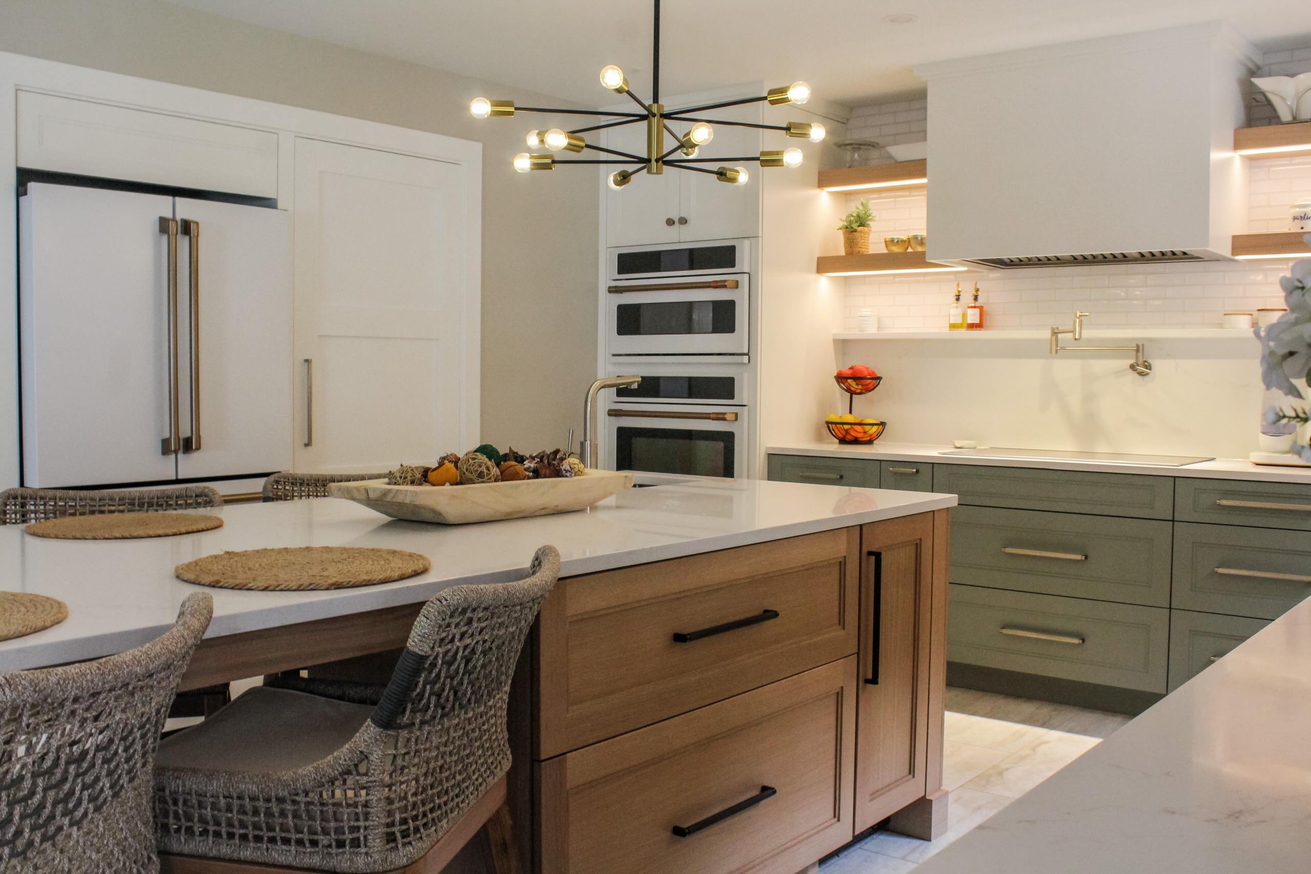 Mixed materials, yes please!!  Rift-cut white oak, "Snow", "Acacia Haze", "Rocky River" painted cabinets, showcased in this image, as well as the integrated door that leads to scullery kitchen/walk-in