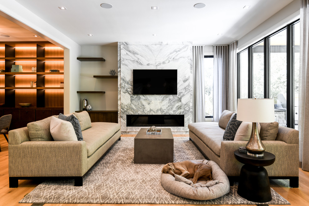 Inspiration for a contemporary family room in Toronto with grey walls, light hardwood floors, a ribbon fireplace and a wall-mounted tv.