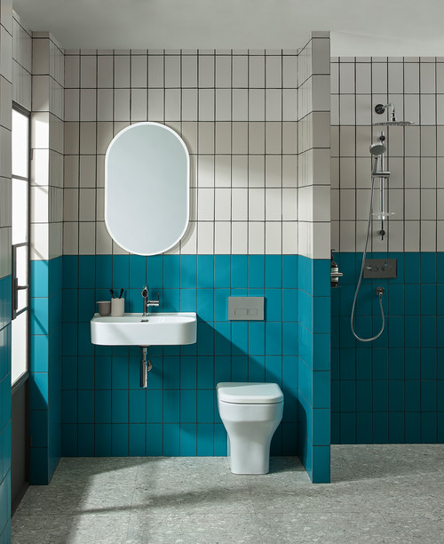 Industrial Design with Blue Bathroom Backsplash Ideas