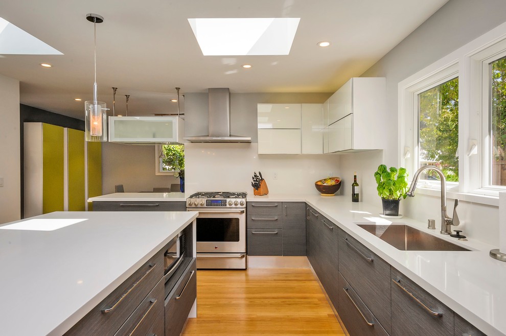Design ideas for a mid-sized contemporary l-shaped eat-in kitchen in San Francisco with a drop-in sink, flat-panel cabinets, quartz benchtops, white splashback, stainless steel appliances, with island and medium hardwood floors.